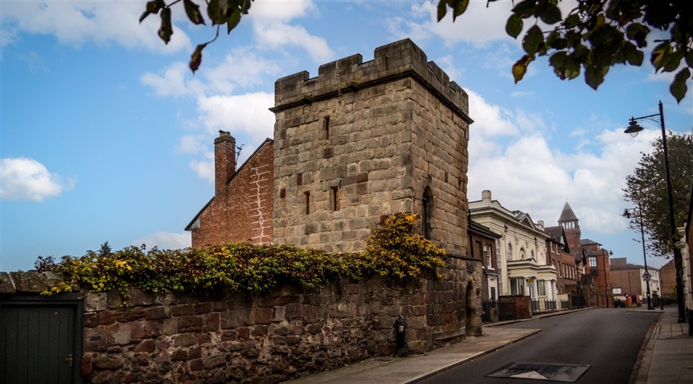 The exterior of Town Walls Tower, Shropshire at Garden Gate Apartment in Durham, County Durham