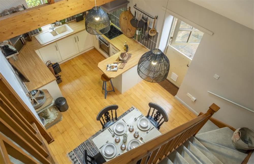 Ground floor: Dining and sitting room area, taken from first floor at Garden Wall Cottage, Great Snoring near Fakenham
