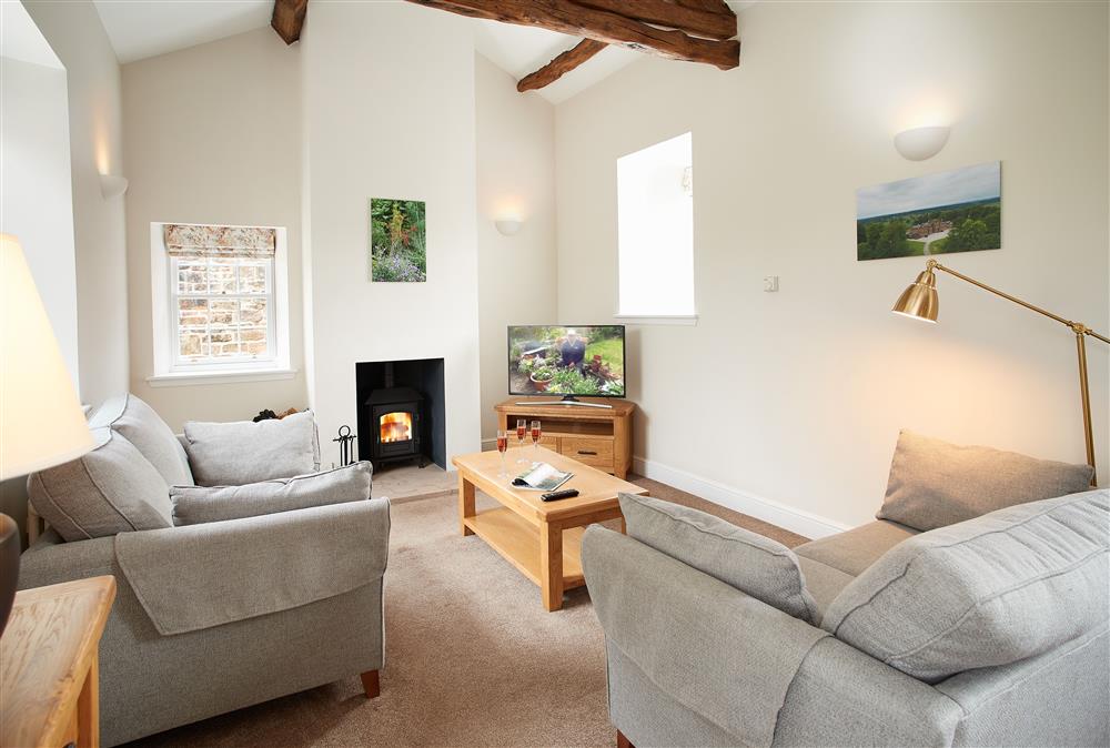 Open-plan living space with comfortable seating and a wood burning stove at Gardeners Cottage, Netherby Hall, Longtown