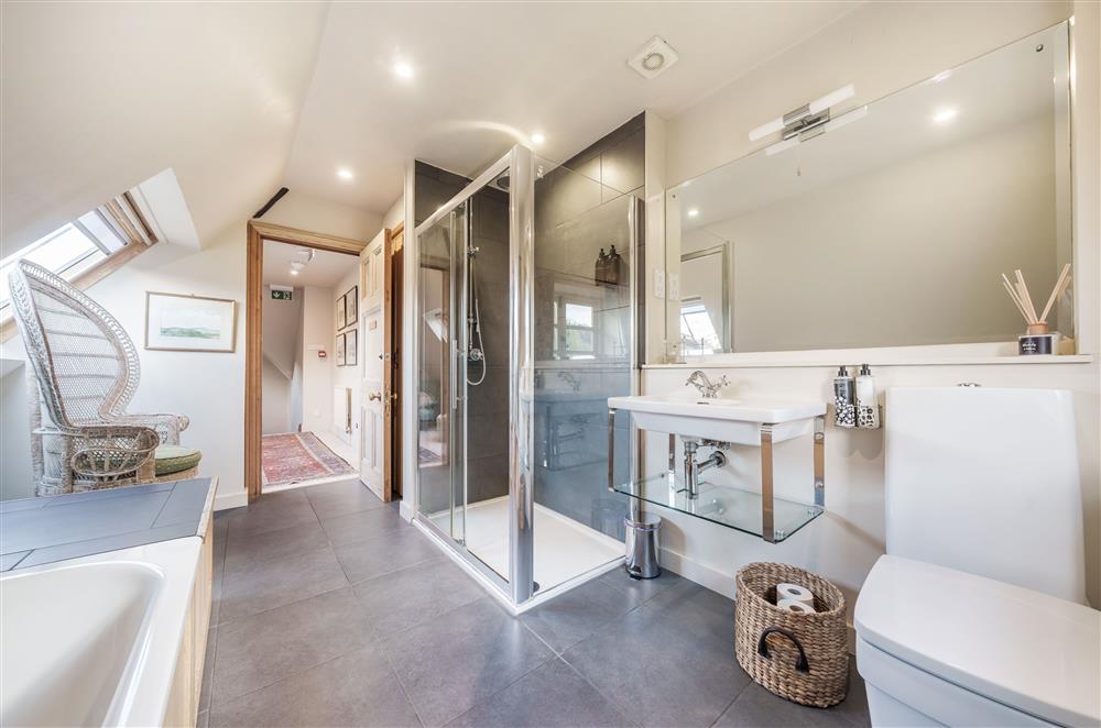 The first floor family bathroom, with a walk-in shower at Gate Street Farm House, Bramley, Guildford
