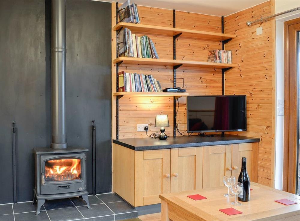 Cosy and warm living space with wood burner at Knock Murton Lodge, 