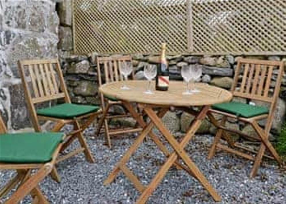 Sitting-out-area at Gell Cottage in Criccieth, Gwynedd., Great Britain