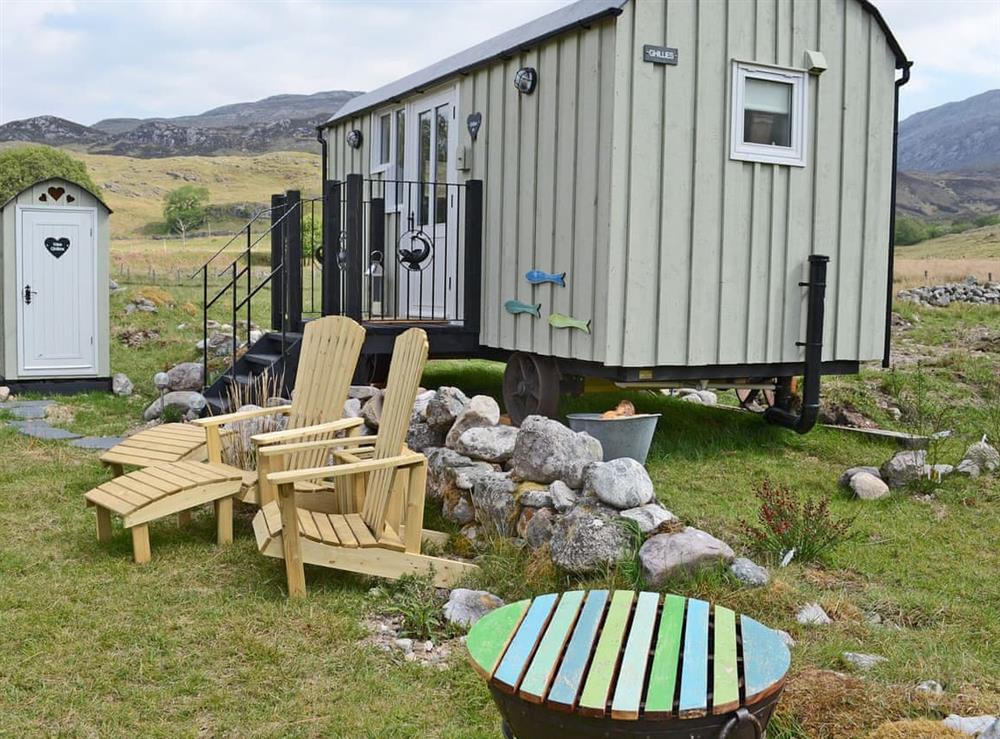 Relaxing outdoor area at Ghillies at Riverside in Inchnadamph, near Lochinver, Northern Highlands, Sutherland