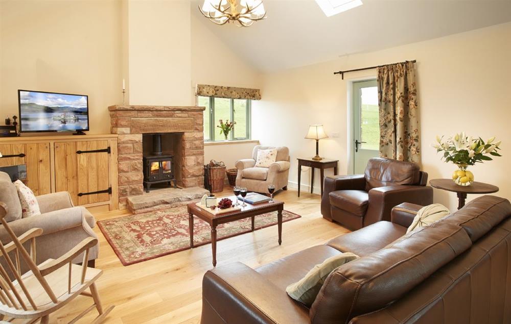 Open plan sitting room with cast iron wood burning stove at Gill Beck Barn, Melmerby