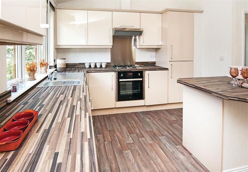 The kitchen in Premier Country Lodge Six Platinum at Gimblet Rock in Gimblet Rock, Pwllheli