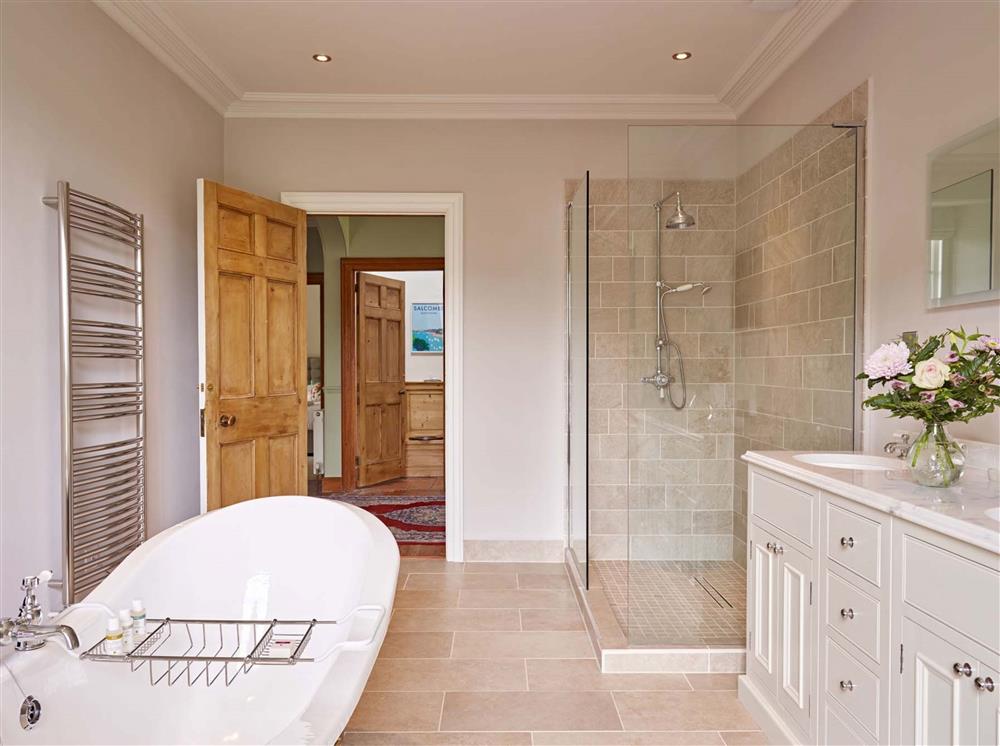 The family bathroom, located on the first floor at Gitcombe House, Dartmouth