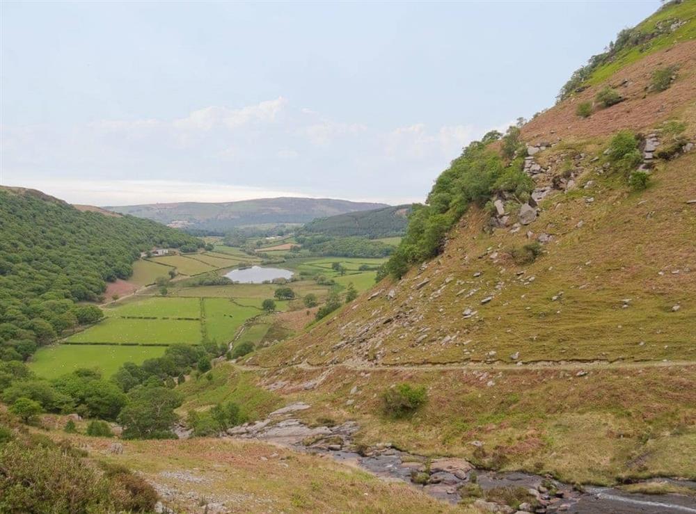 Elan Valley view looking towards Cwmdauddwr and Rhayader at Glan Wye in Rhayader, Powys., Great Britain