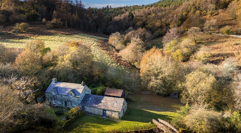 An aerial view of Glan yr Afon and its open garden, Gwynedd at Glan Yr Afon in Dolwyddelan, Gwynedd