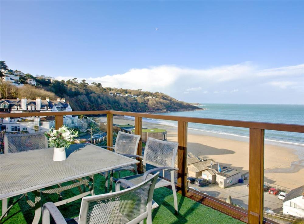 Sitting out area with wonderful sea views at Glas Mordros in Carbis Bay, Cornwall