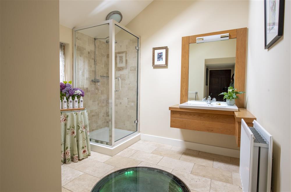 Bedroom two’s en-suite shower room on the ground floor with preserved walled well beneath the glass flooring