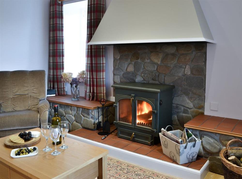 Cosy living room with wood burner at Glebe Cottage in Urray, near Dingwall, Highlands, Ross-Shire