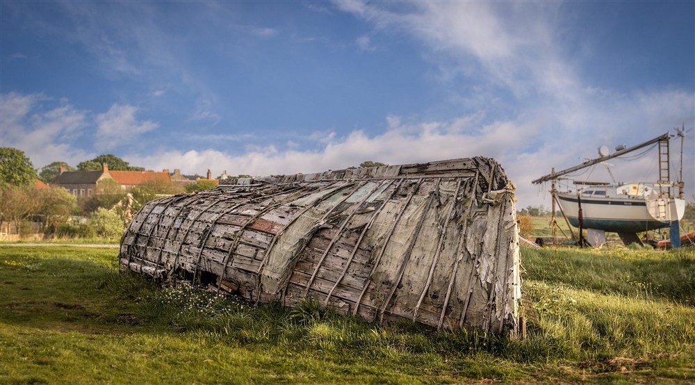 An upturned boat that has been converted into a shed on Holy Island, near Glen House, Northumberland at Glen House in Berwick-upon-tweed, Northumberland