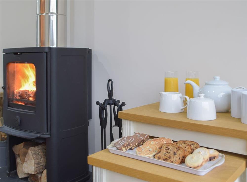 Log burner for those cosy nights and days in. Living area includes sofa, 2 comfortable chairs and Smart TV (and stunning valley views!) at Golwg y Cwm in Cilrhedyn, near Newcastle Emlyn, Dyfed