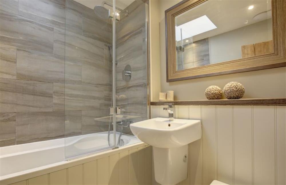 First floor: Bathroom with rainfall shower  at Goose Cottage, Titchwell near Kings Lynn