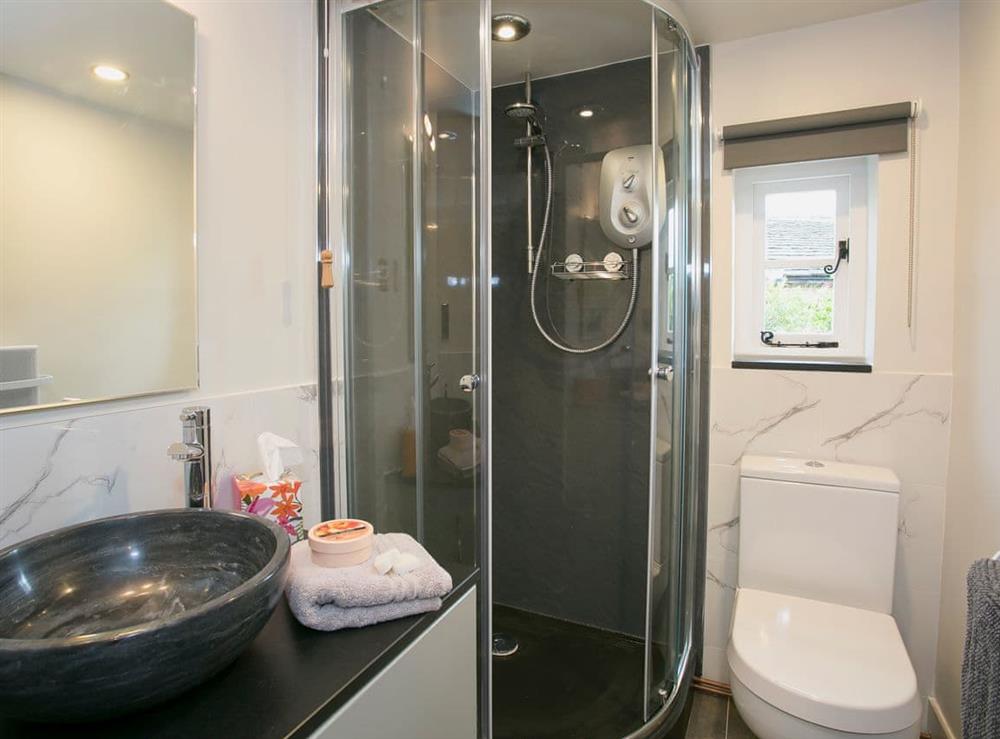 Contemporary shower room with cubicle, toilet and heated towel rail at Goose Croft in Edale, Hope Valley, Derbyshire