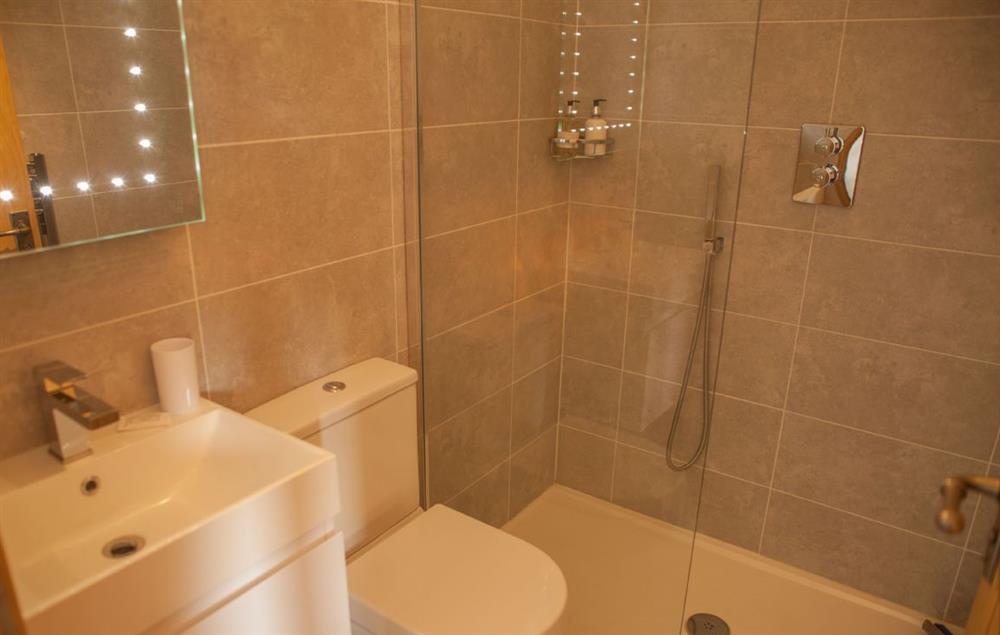 En suite with bath and separate shower at Goose Run Cottage, Corscombe