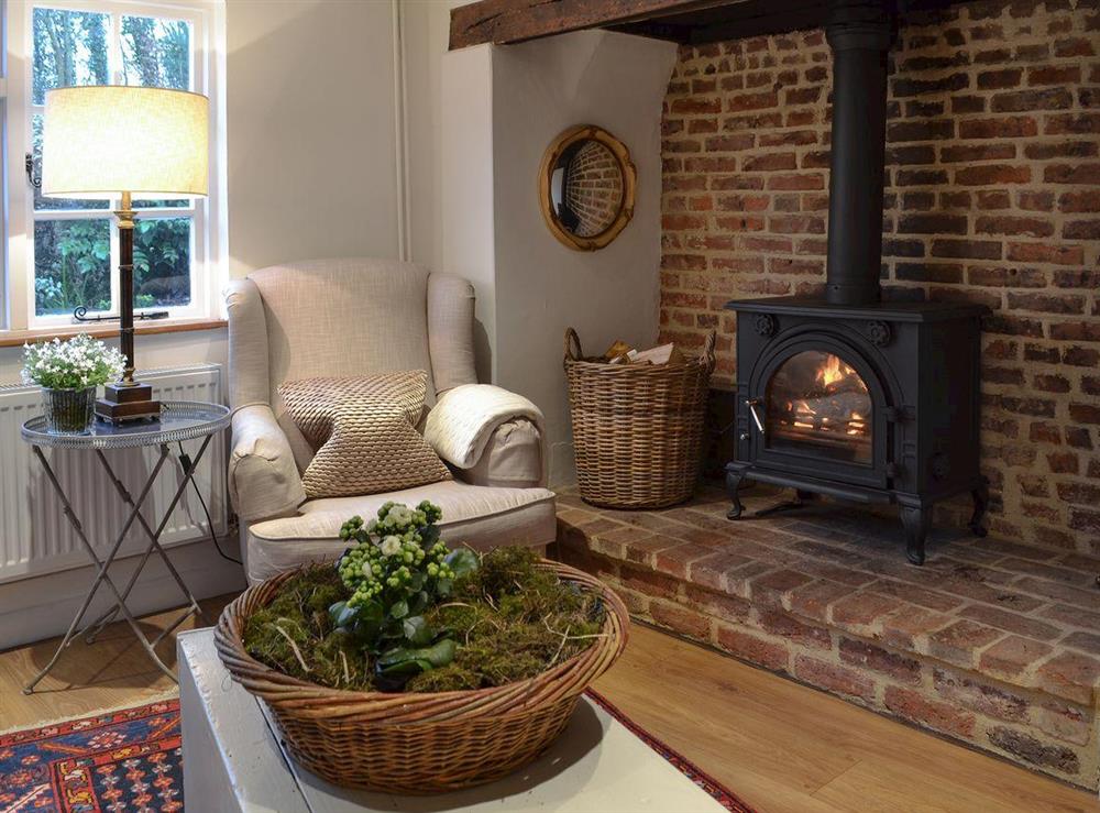 Cosy living room with inglenook fireplace & wood burner at Gorse Cottage in Ewhurst Green, near Robertsbridge, Sussex, East Sussex