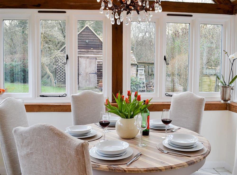 Orangery/dining room with marble floor & vaulted ceiling at Gorse Cottage in Ewhurst Green, near Robertsbridge, Sussex, East Sussex