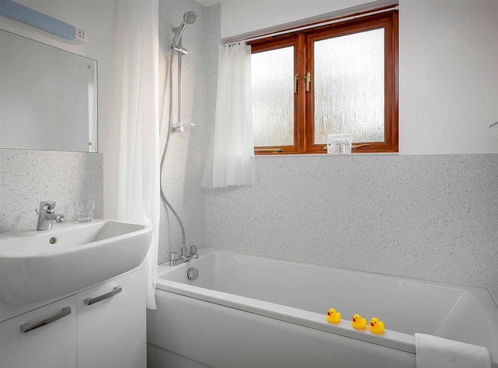 Family bathroom with shower over bath at Grebe in Wroxham, Norfolk., Great Britain
