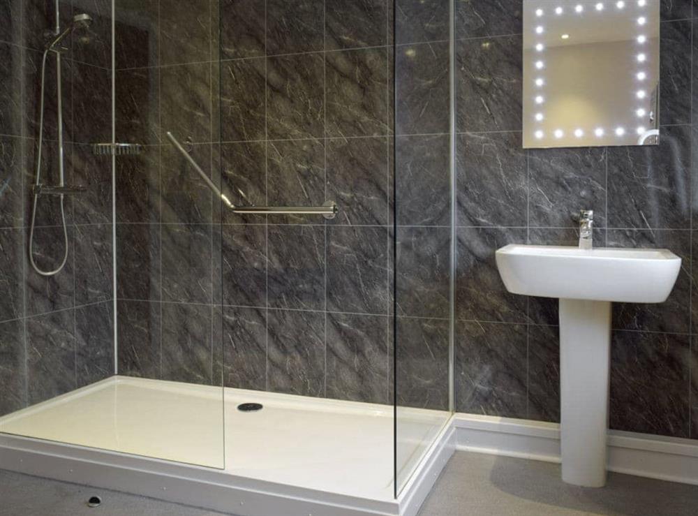 Modern family bathroom with bath and separate shower enclosure at Green Acre Cottage in Kilgetty, Dyfed , Great Britain