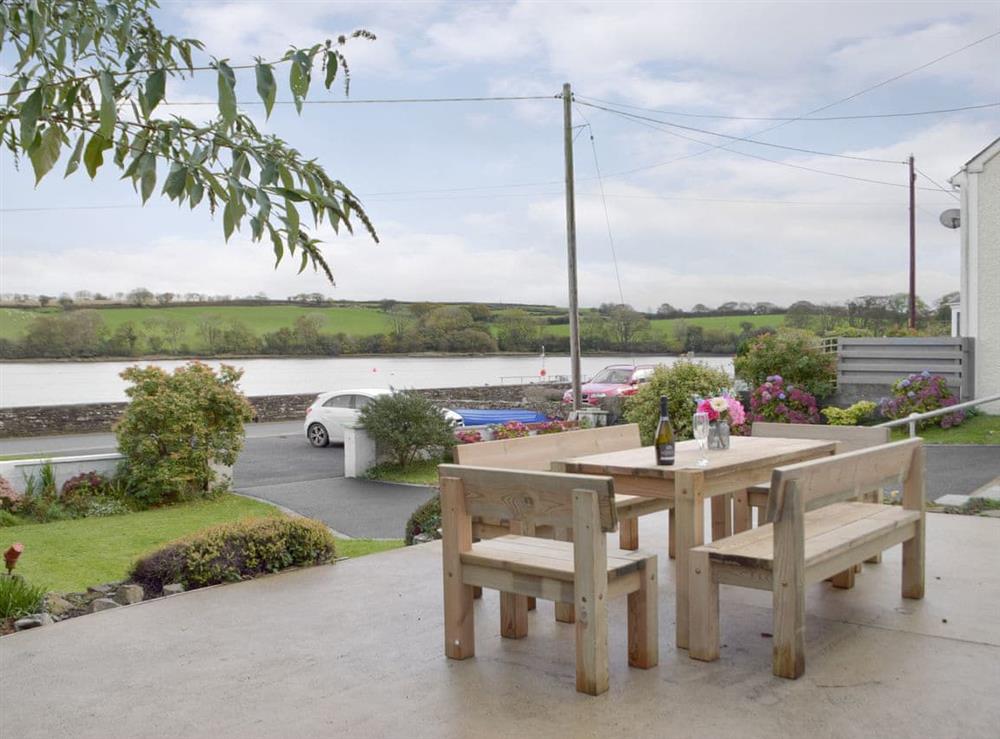 Patio area with views over the River Teifi at Green Acres in St Dogmaels, near Cardigan, Cardigan, Dyfed