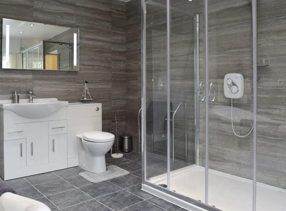 Family bathroom with large shower cubicle and free standing bath at Green Haven in Narberth, Pembrokeshire, Dyfed