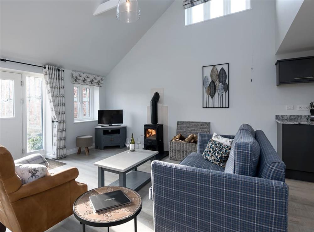 Cosy living area with wood burner at The Cowshed, 