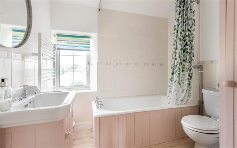 Family bathroom with shower over bath at Greenhill Cottage in East Allington