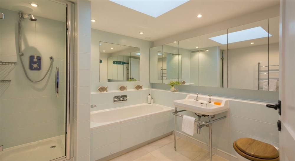 The bright and airy downstairs bathroom at Greenway Ferry Cottage in Nr Brixham, Devon