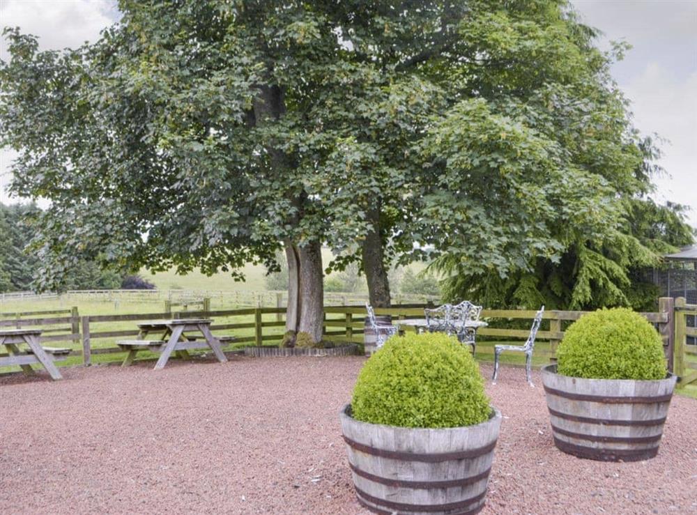 Gravelled shared patio area with outdoor furniture at Grooms Cottage in Soppit Farm Cottages, Elsdon, Northumberland