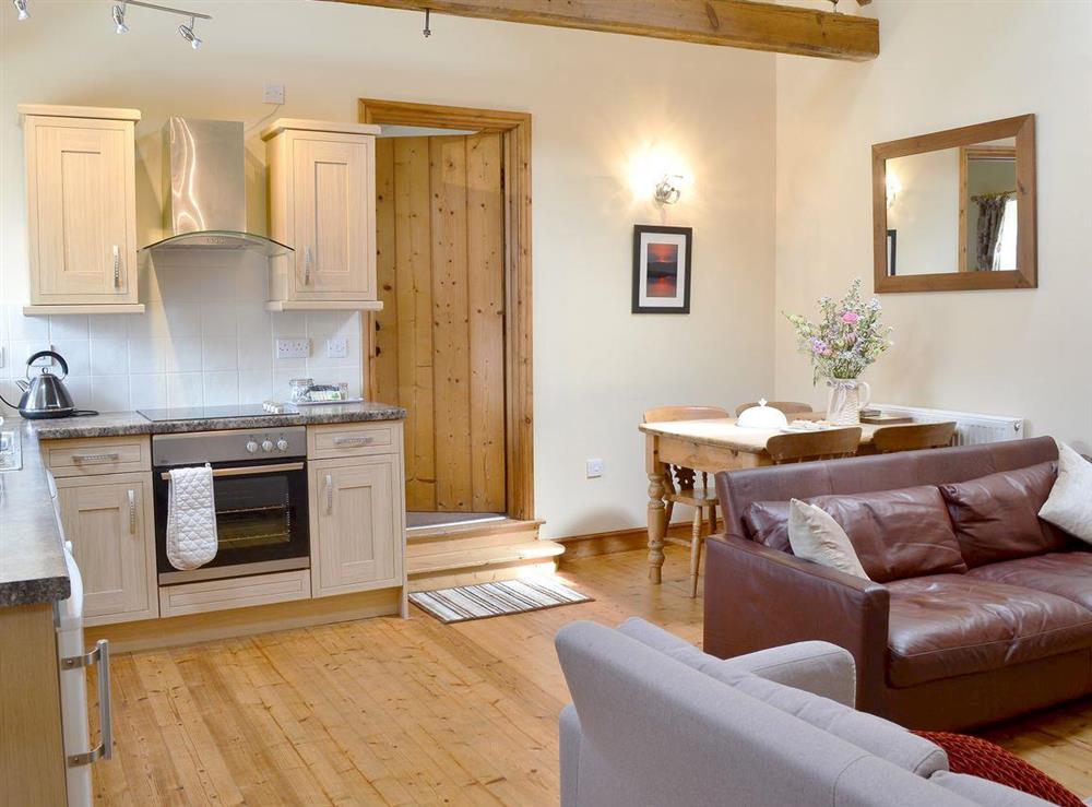 High ceilings, with beams give character to  this open plan style living/ kitchen/ diner at Guillemot Cottage in Buckton, near Flamborough, North Humberside