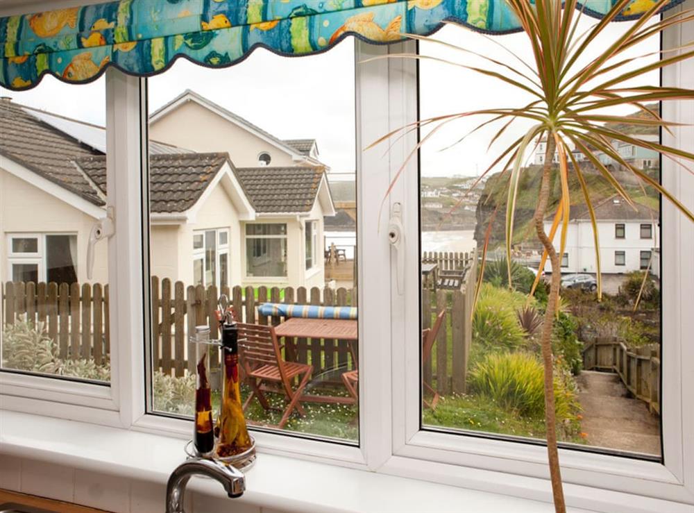 View over patio from kitchen at Gulls Cry in Portreath, near Redruth, Cornwall
