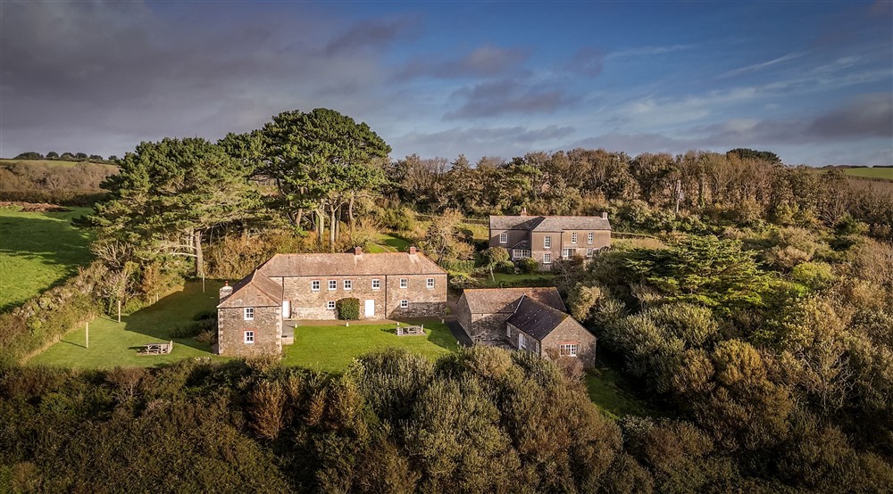 An aerial view of the Gwendra cottages, Gwendra Wartha, Gwendra Granary, Gwendra Dairy Cottage, Mowhay and Hayloft, Cornwall at Gwendra Granary in Truro, Cornwall