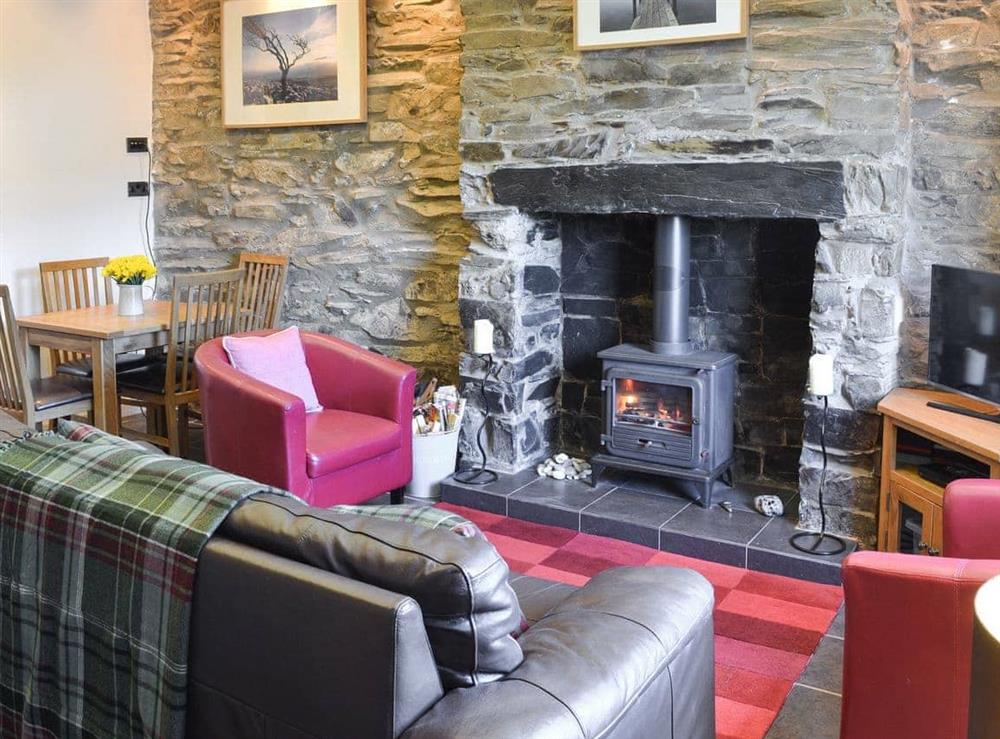Cosy living room with wood burner at Gwyrfai Cottage in Waunfawr, near Caernarfon, Gwynedd