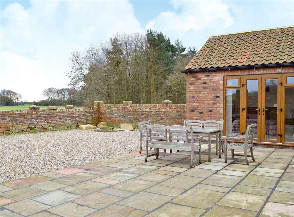 Large patio at Haddock’s Nook in Aldwark, near Alne, North Yorkshire