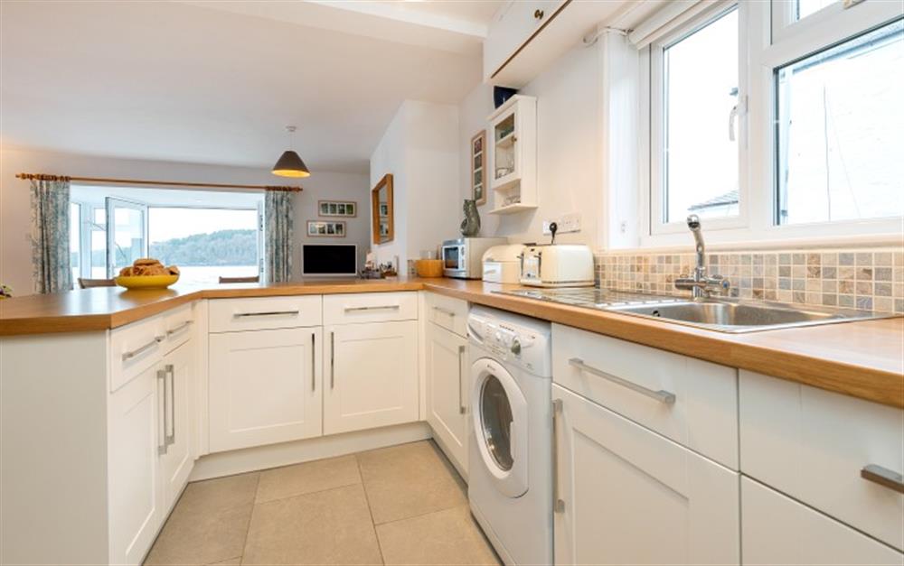 The modern kitchen is fully equipped.  at Halliards in Helford Passage