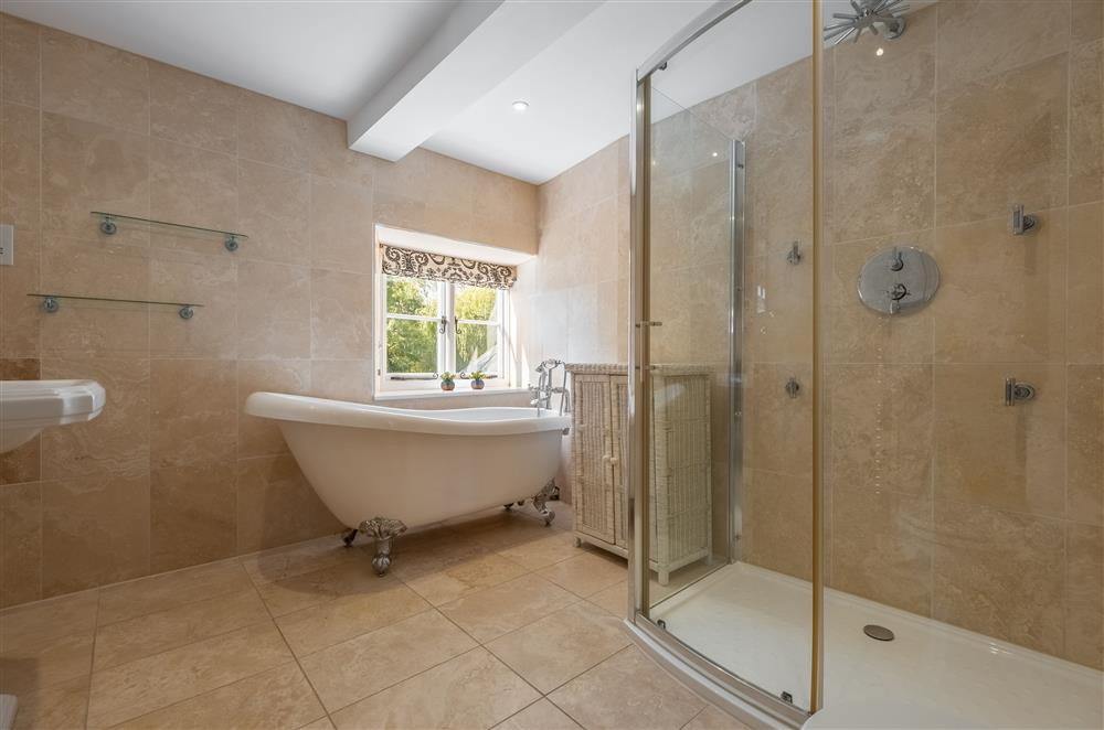 First floor: Family bathroom with walk-in shower enclosure and claw foot bath at Ham Farm, Sydling St Nicholas