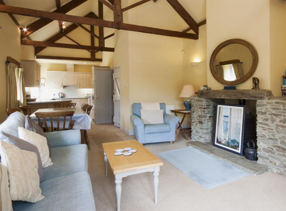 Open plan living space with vaulted and beamed ceilings (photo 2) at Hanger Mill Barn in Salcombe, Devon