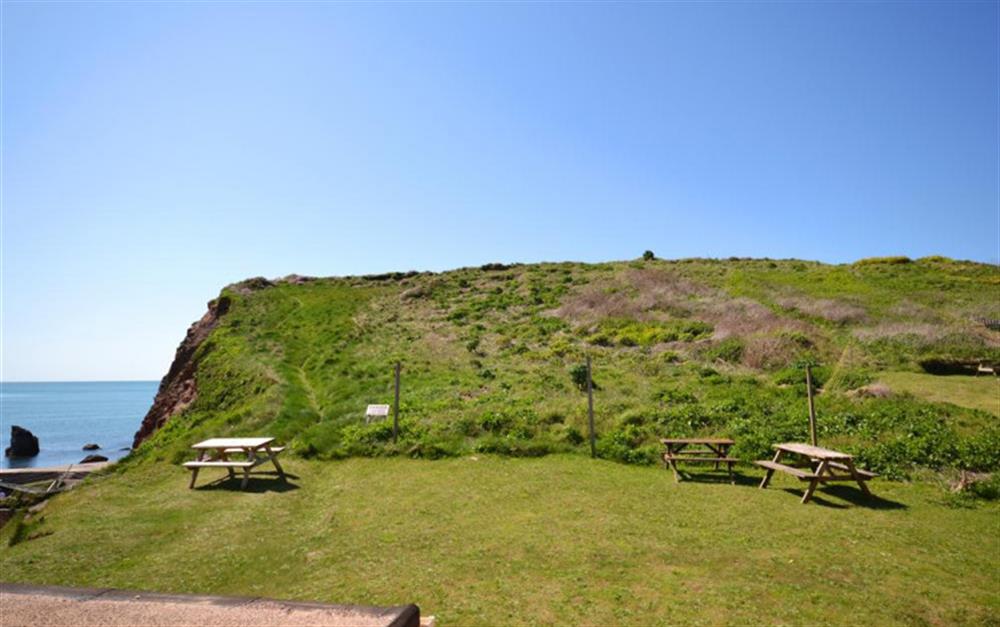 The rear garden (Harbour Cottage area with two picnic tables) at Harbour Cottage in Hope Cove