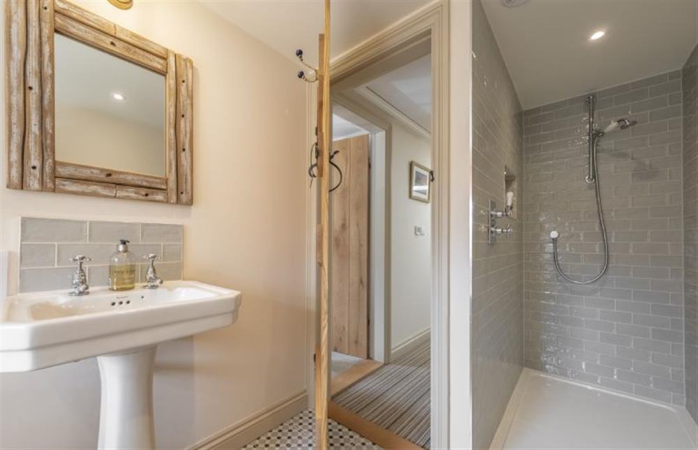 Bathroom with walk-in wet room style shower at Harbour Cottage, Wells-next-the-Sea