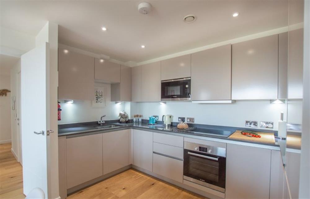 Kitchen with modern units and Bosch appliances including an oven and hob, microwave, dishwasher and fridge/freezer