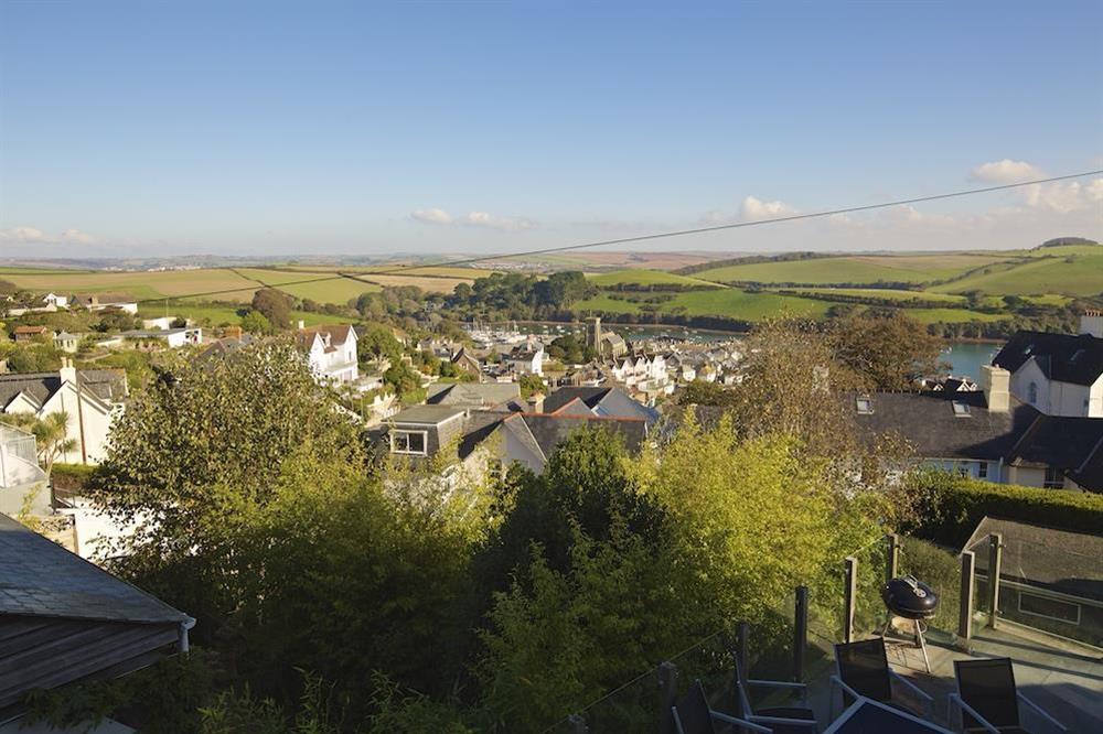 Views from the decking and rear bedrooms over neighbouring cottages across to Batson Creek and the countryside beyond at Harbourfield in Herbert Road, Salcombe