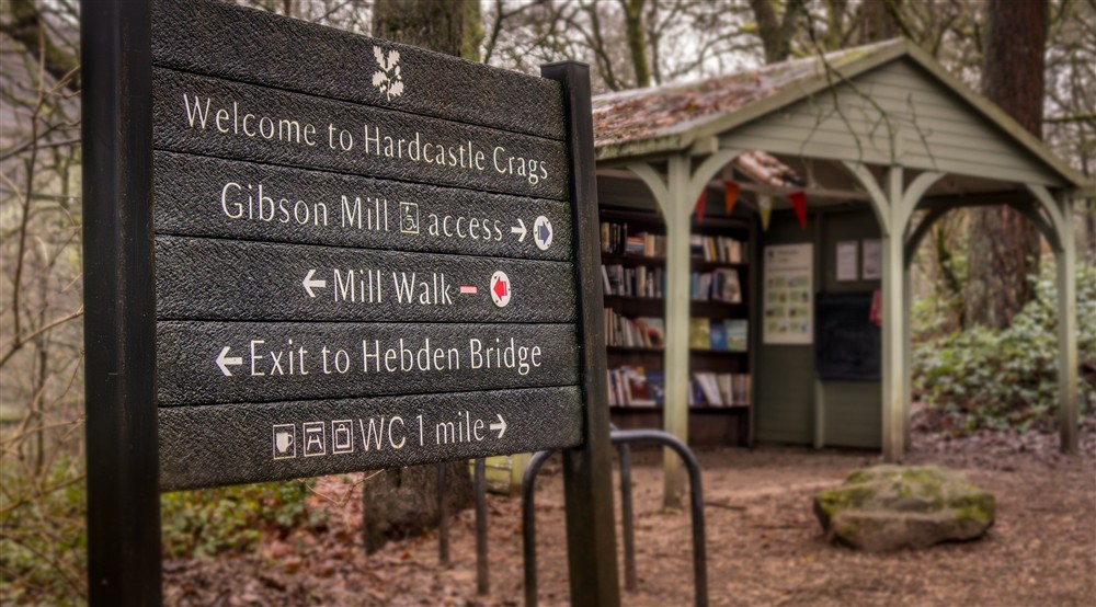 A sign showing walking routes at Hardcastle Lodge in Hebden Bridge, West Yorkshire