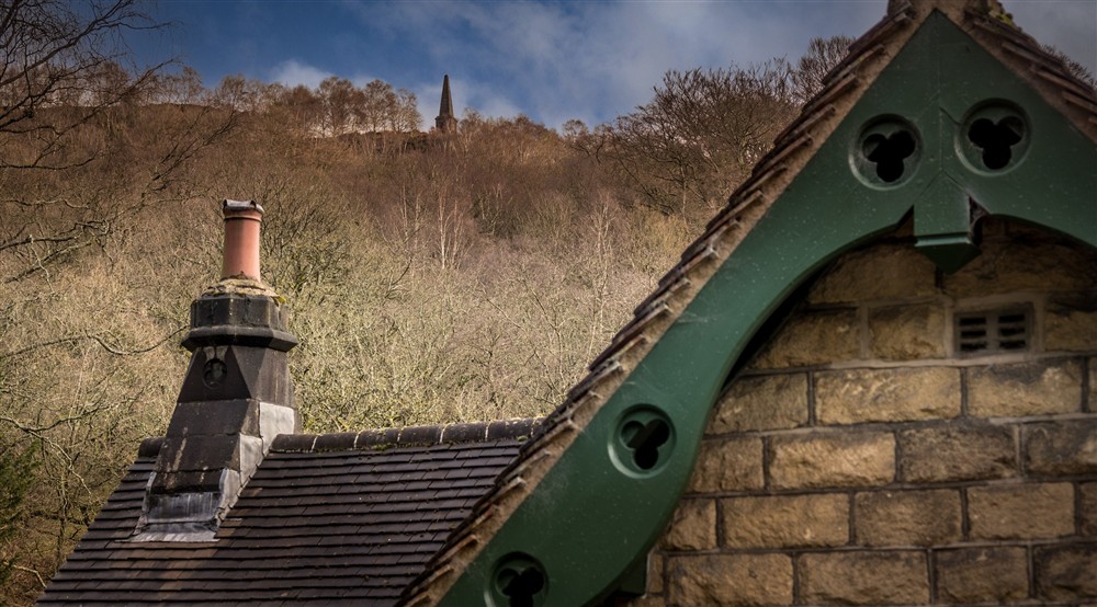A view of the Smeekin Hill War Memorial, which overlooks Hardcastle Lodge, Yorkshire at Hardcastle Lodge in Hebden Bridge, West Yorkshire