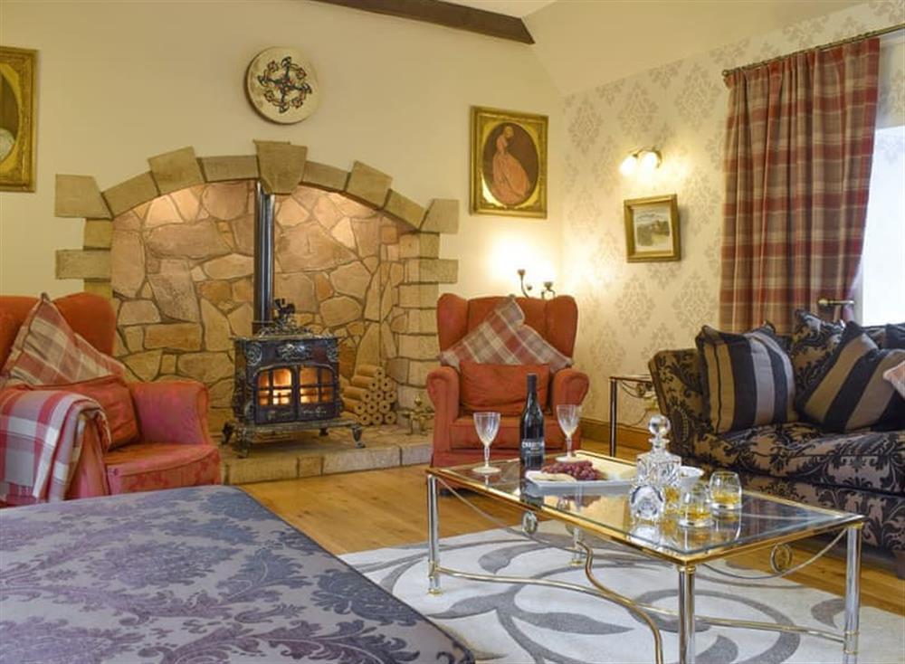 Inviting living room with wood burner at Hardilands Farmhouse in Bothkennar, near Falkirk, Stirlingshire