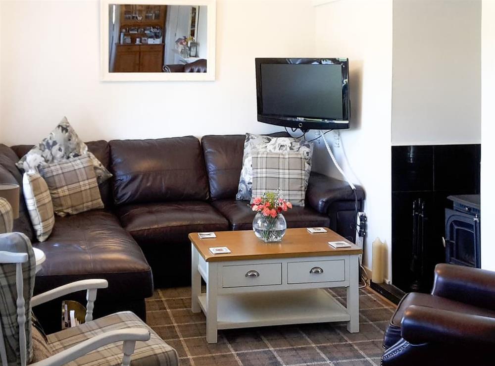 Welcoming living room with leather furniture at Harperfield in Lanark, Glasgow and the Clyde Valley, Lanarkshire
