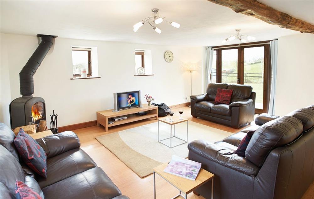 Large sitting room with wood burning stove and french doors to terrace at Harvest Moon, Feniton