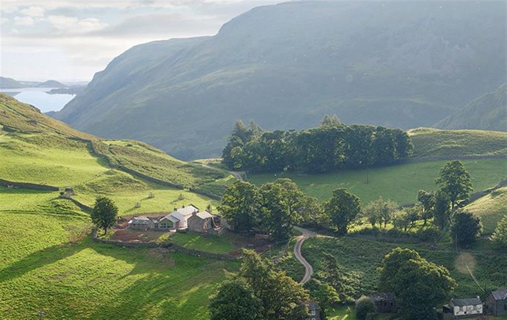 Ariel view of Hause Hall Farm & The Cruick Barn with Ullswater in the distance at Hause Hall Farm and Cruick Barn, Hallin Fell
