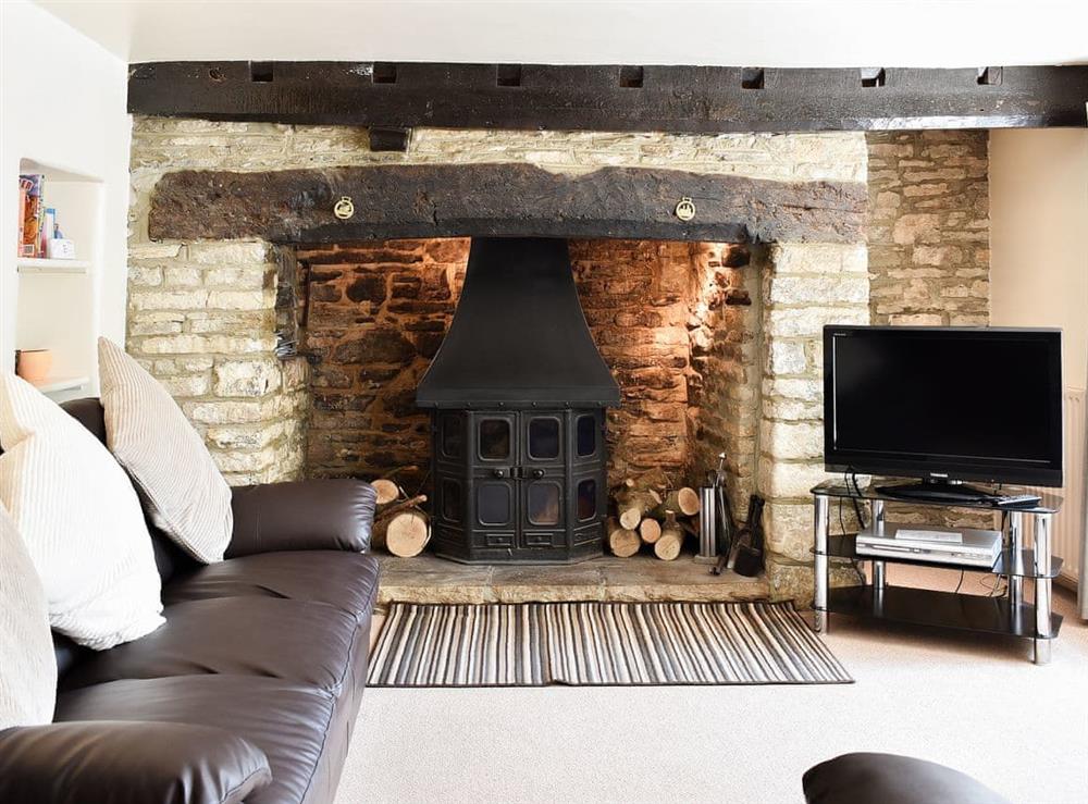 Woodburner set in a feature fireplace in the living room at Haycraft Cottage in Harmans Cross, near Swanage, Dorset