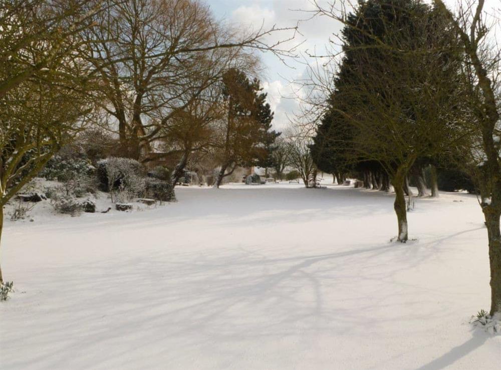 The gardens under snow at Hayloft in Skegness, Lincolnshire